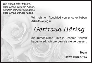Traueranzeige von Gertraud Häring von Schwäbische Post