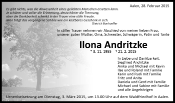 Traueranzeige von Ilona Andritzke von Schwäbische Post