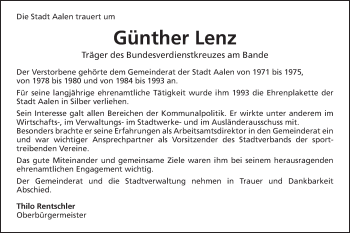 Traueranzeige von Günther Lenz von Schwäbische Post