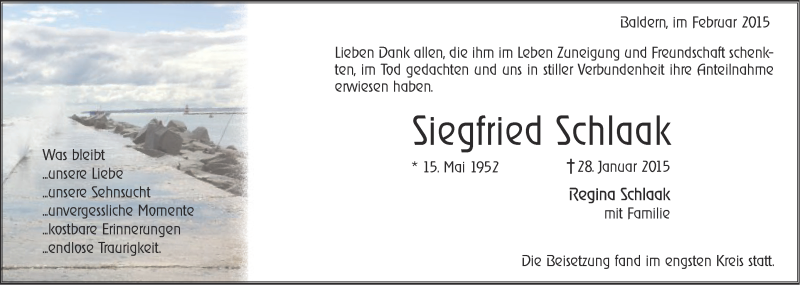  Traueranzeige für Siegfried Schlaak vom 07.02.2015 aus Schwäbische Post