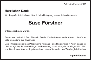 Traueranzeige von Suse Förstner von Schwäbische Post