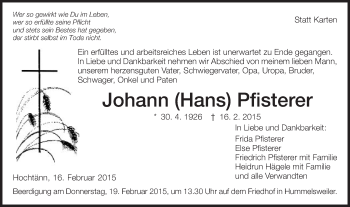 Traueranzeige von Johann Pfisterer von Schwäbische Post
