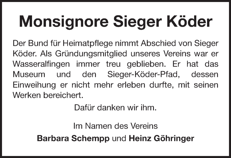  Traueranzeige für Sieger Köder vom 13.02.2015 aus Schwäbische Post