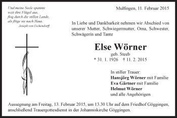Traueranzeige von Else Wörner von Gmünder Tagespost