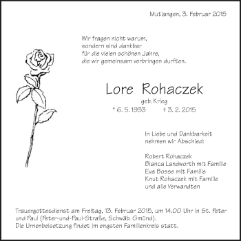 Traueranzeige von Lore Rohaczek von Gmünder Tagespost