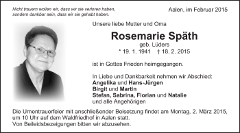 Traueranzeige von Rosemarie Späth von Schwäbische Post