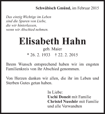 Traueranzeige von Elisabeth Hahn von Gmünder Tagespost