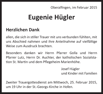Traueranzeige von Eugenie Hügler von Schwäbische Post