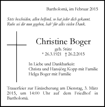 Traueranzeige von Christine Boger von Gmünder Tagespost