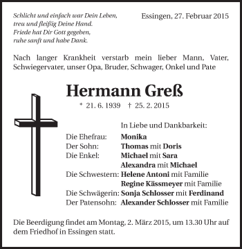 Traueranzeige von Hermann Greß von Schwäbische Post