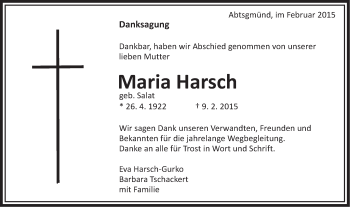 Traueranzeige von Maria Harsch von Schwäbische Post
