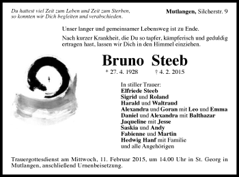 Traueranzeige von Bruno Steeb von Gmünder Tagespost