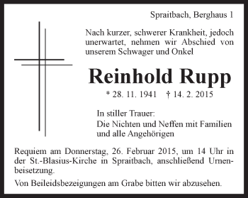 Traueranzeige von Reinhold Rupp von Gmünder Tagespost