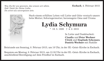 Traueranzeige von Lydia Schymura von Gmünder Tagespost