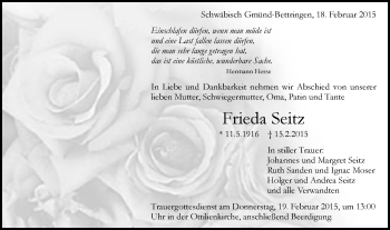Traueranzeige von Frieda Seitz von Gmünder Tagespost