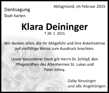Traueranzeige von Klara Deininger von Schwäbische Post