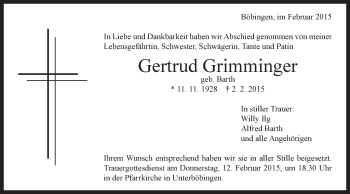 Traueranzeige von Gertrud Grimminger von Gmünder Tagespost
