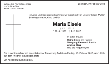 Traueranzeige von Maria Eisele von Schwäbische Post