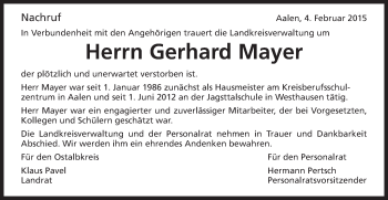 Traueranzeige von Gerhard Mayer von Schwäbische Post
