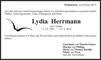 Traueranzeige von Lydia Herrmann von Gmünder Tagespost