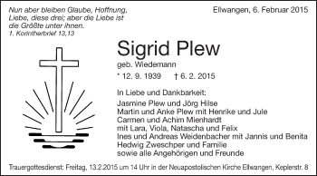Traueranzeige von Sigrid Plew von Schwäbische Post