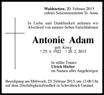 Traueranzeige von Antonie Adam von Gmünder Tagespost