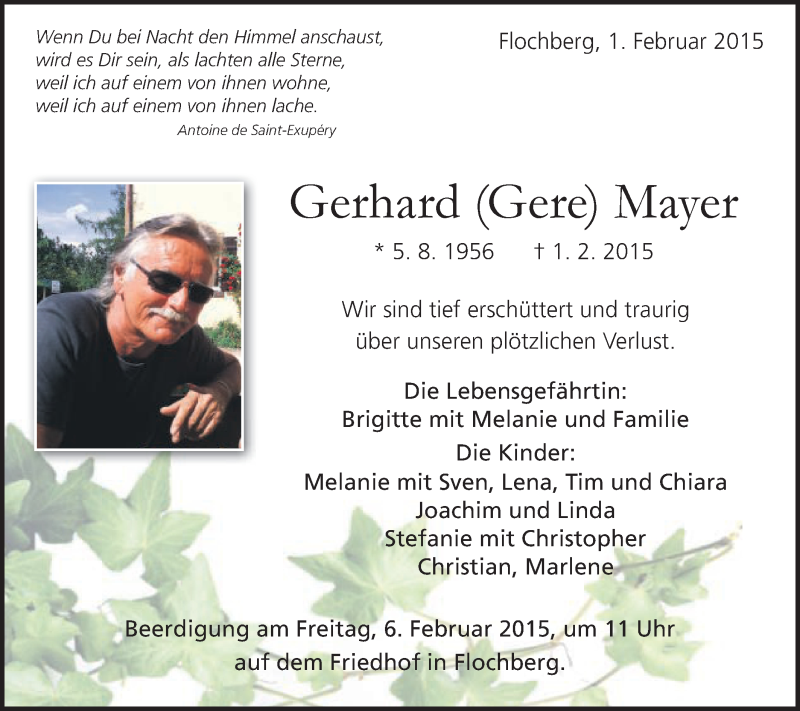  Traueranzeige für Gerhard Mayer vom 04.02.2015 aus Schwäbische Post