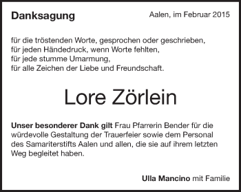 Traueranzeige von Lore Zörlein von Schwäbische Post