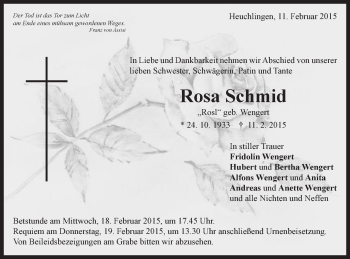 Traueranzeige von Rosa Schmid von Gmünder Tagespost