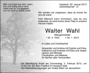 Traueranzeige von Walter Wahl von Gmünder Tagespost