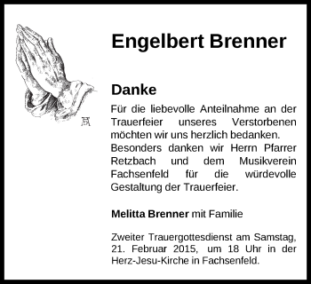 Traueranzeige von Engelbert Brenner von Schwäbische Post