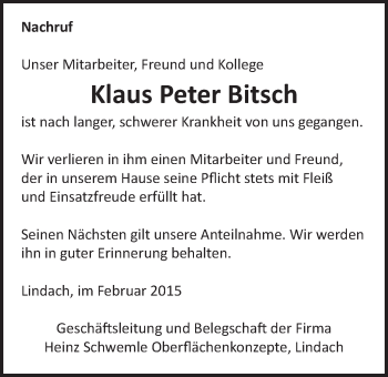 Traueranzeige von Klaus Peter Bitsch von Gmünder Tagespost