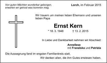 Traueranzeige von Ernst Kern von Gmünder Tagespost