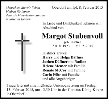 Traueranzeige von Margot Stubenvoll von Schwäbische Post