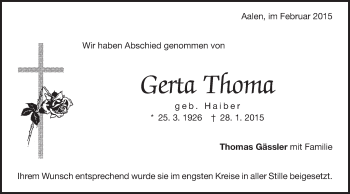 Traueranzeige von Gerta Thoma von Schwäbische Post