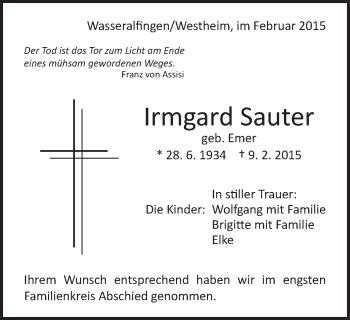 Traueranzeige von Irmgard Sauter von Schwäbische Post