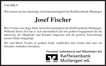 Traueranzeige von Josef Fischer von Gmünder Tagespost