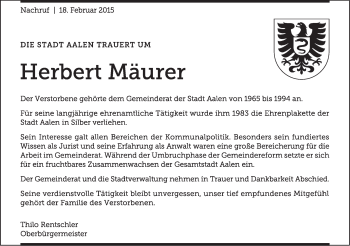 Traueranzeige von Herbert Mäurer von Schwäbische Post