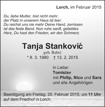 Traueranzeige von Tanja Stankovic von Gmünder Tagespost