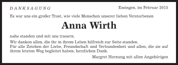 Traueranzeige von Anna Wirth von Schwäbische Post