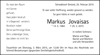 Traueranzeige von Markus Jovaisas von Gmünder Tagespost