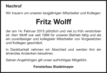 Traueranzeige von Fritz Wolff von Schwäbische Post