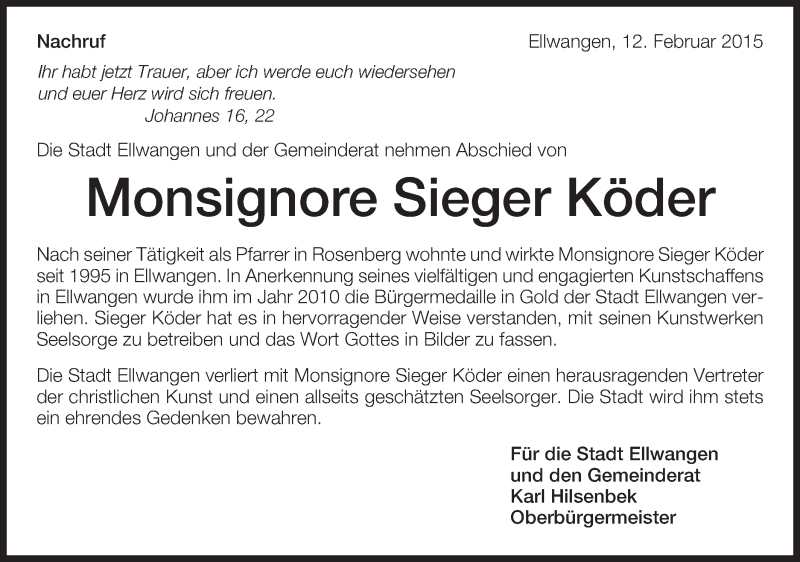  Traueranzeige für Sieger Köder vom 12.02.2015 aus Schwäbische Post