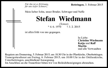 Traueranzeige von Stefan Wiedmann von Gmünder Tagespost