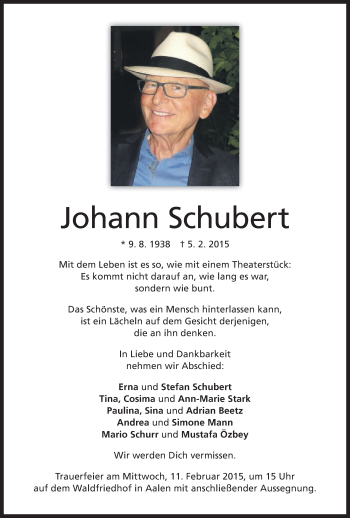 Traueranzeige von Johann Schubert von Schwäbische Post