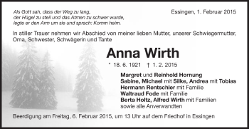 Traueranzeige von Anna Wirth von Schwäbische Post