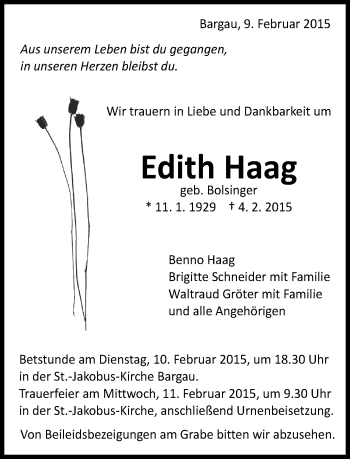 Traueranzeige von Edith Haag von Gmünder Tagespost
