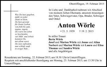 Traueranzeige von Anton Wörle  von Schwäbische Post