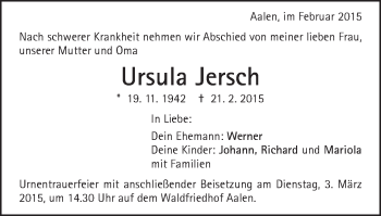 Traueranzeige von Ursula Jersch von Schwäbische Post