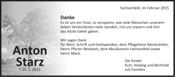 Traueranzeige von Anton Starz von Schwäbische Post